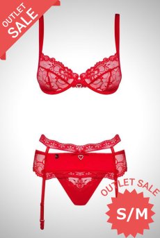 画像1: 【30%OFF】アウトレットSALE｜S/M｜Heartina set 3pcs red | 一枚レースブラ＆ガーターベルト＆Tバック3点セット・ノンパテッドブラ・赤   | 高級Sexyランジェリー Obsessive【即日発送・サイズ交換NG・クーポン適用対象外・メール便対象】輸入下着・ランジェリー   (1)