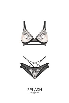 画像1: Vila Blanes 2-pcs set | ブラ&タンガ 2点セット（ワイヤーあり・シースルー・ボタニカル刺繍・ブラック×ベージュ）｜Exquisite 高級ランジェリー【即日発送・サイズ交換OK・メール便対象】輸入下着・ランジェリー    (1)