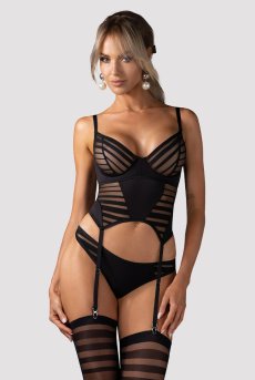 画像3: Lune-Bellis-corset & thong |  ガーターベルト付きコルセット＆タンガ2点セット（ワイヤーあり・シースルー・ストライプ・ブラック）  | Exquisite 高級ランジェリー【即日発送・サイズ交換NG】輸入下着・ランジェリー    (3)