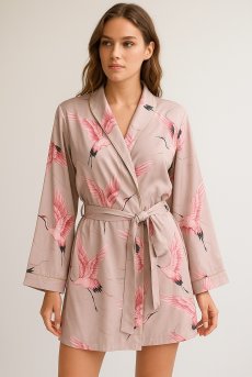 画像1: 【サンプル特別価格】Rose Gold Bird Kimono Robe|ラウンジウェア・ガウン・ウエストベルト付き|ギフトBOX入り|鶴柄プリント・未発表モデル・サンプル・見本品|LA MUSA ラミューザ【即日発送・サイズ交換NG】輸入下着・ 高級ランジェリー   (1)