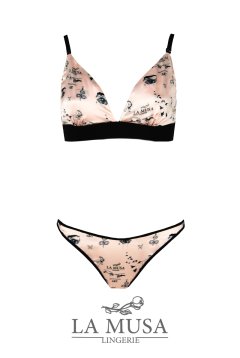 【50%OFF】ART-Tattoo  | ブラレット＆ショーツセット・ノンパテッドブラ・ヌードピンク・LA MUSAアイコンプリント・シルク混 | LA MUSA ラミューザ【サイズ交換NG】ラミューザ LA MUSA 輸入下着・ 高級ランジェリー （在庫限り）