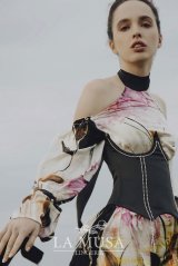 【50%OFF】Black-Corset  | コルセット・ブラック・ビジュー・スワロフスキー・サテン・シルク混 | LA MUSA ラミューザ| ラミューザ LA MUSA 輸入下着・ 高級ランジェリー  （在庫限り）