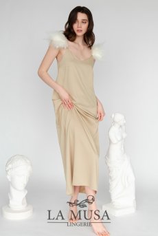 画像1: Angel-Slip-Dress-Long  | ロングドレス・ベージュ・シルク混・2way・取り替えOKな羽ストラップ付き | LA MUSA ラミューザ| ラミューザ LA MUSA 輸入下着・ 高級ランジェリー   (1)