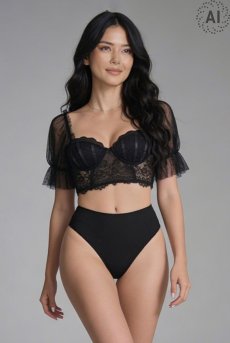 画像2: L401-2PC-BK｜ふんわりシアー袖のレースビスチェ＆Tバックショーツセット（カップ付き・袖付き・ブラック）｜Lace Shop｜インポートランジェリー輸入下着・ランジェリー (2)