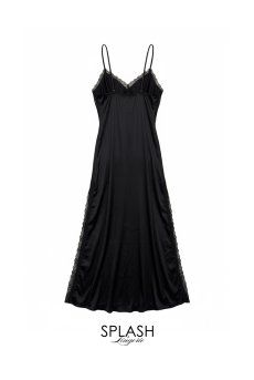 画像8: L413-CHE-BK｜深スリット入りロングスリップドレス（サテン生地・ブラック）｜Lace Shop｜インポートランジェリー輸入下着・ランジェリー (8)