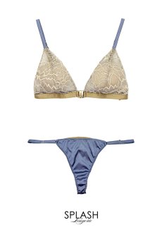 画像1: Luxe Weekend Set AZZURO | ノンワイヤーブラ＆ショーツセット・フロントホック・Tバック・フレンチリバーレース・ブルー×ヌーディベージュ・ポーチ付き | maimia マイミア【サイズ交換NG・クーポン割引対象外】 日本製・高級ランジェリー   (1)