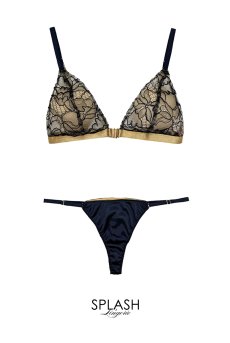 画像1: Luxe Weekend Set  COMPLICE | ノンワイヤーブラ＆ショーツセット・フロントホック・Tバック・フレンチリバーレース・ブラック×ダークネイビー・ポーチ付き | maimia マイミア【サイズ交換NG・クーポン割引対象外】 日本製・高級ランジェリー   (1)