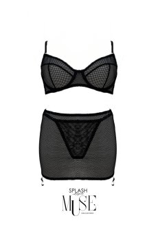 画像1: Selene 3-pcs set｜ブラ＆ガーターベルト付きオープンスカート＆Tバック3点セット（ワイヤー入り・シースルー・フィッシュネット）｜Muse Line｜インポートSexyランジェリー【即日発送・サイズ交換NG・メール便対象】輸入下着・ランジェリー   (1)