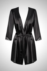 Satinia robe black | ストレッチサテンの七分袖ローブ＆Tバックセット・黒・立体レース装飾   | 高級Sexyランジェリー Obsessive【即日発送・サイズ交換NG】輸入下着・ランジェリー  