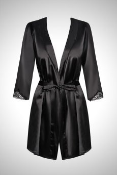 画像1: Satinia robe black | ストレッチサテンの七分袖ローブ＆Tバックセット・黒・立体レース装飾   | 高級Sexyランジェリー Obsessive【即日発送・サイズ交換NG】輸入下着・ランジェリー   (1)