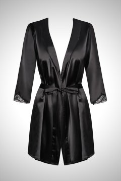 Satinia robe black | ストレッチサテンの七分袖ローブ＆Tバックセット・黒・立体レース装飾   | 高級Sexyランジェリー Obsessive【即日発送・サイズ交換NG】輸入下着・ランジェリー 