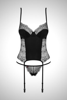 画像1: 在庫限り｜XLサイズ｜Sharlotte corset | ガーターベルト付きソフトコルセット＆Tバック2点セット・ファスナー付き・ブラック・タンガ   | 高級Sexyランジェリー Obsessive【即日発送・サイズ交換NG・メール便対象】輸入下着・ランジェリー  (再入荷なし) (1)