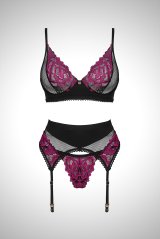 Rosenty 3-pcs set|ワイヤー入りブラジャー＆ガーターベルト＆ブラジリアンショーツ3点セット・ブラック×ピンク | obsessive 高級Sexyランジェリー【即日発送・サイズ交換NG・メール便対象】輸入下着・ランジェリー  