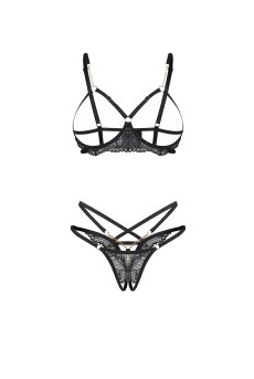 画像1: Matildea Black 2-pcs crotchless set ｜ブラ＆クロッチレスTバックショーツ2点セット（ワイヤーなし・オープンクロッチ・黒） | Obsessive 高級Sexyランジェリー【サイズ交換NG・メール便対象】輸入下着・ランジェリー   (1)