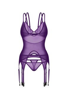 画像1: Vibres corset & thong｜ ガーターベルト付きコルセット＆Tバックショーツ2点セット（ワイヤーなし・シースルー・バイオレット）   | 高級Sexyランジェリー Obsessive【即日発送・サイズ交換NG・メール便対象】輸入下着・ランジェリー   (1)