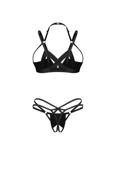 画像2: Keira Lise 2-pcs crotchless set｜ブラ＆クロッチレスタンガ2点セット（ワイヤーなし・オープンバスト・ボンテージ・フェイクレザー・ダブルストラップ・ブラック） | Obsessive 高級Sexyランジェリー【即日発送・サイズ交換NG・メール便対象】輸入下着・ランジェリー   (2)