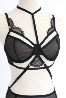 画像34: Premisis Black 3-pcs crotchless set｜ブラ＆チョーカー付きガーターベルト＆クロッチレスタンガ3点セット（ワイヤーあり・シースルー・ブラック） | Obsessive 高級Sexyランジェリー【即日発送・サイズ交換NG・メール便対象】輸入下着・ランジェリー   (34)