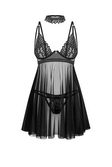 画像1: Donarella babydoll  |スリップドレス＆タンガ＆チョーカー（ワイヤーあり・レース・ブラック） | Obsessive 高級Sexyランジェリー【即日発送・サイズ交換NG・メール便対象】輸入下着・ランジェリー   (1)
