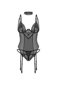 画像1: Donarella corset| ガーターベルト付きコルセット＆タンガ＆チョーカー3点セット（ワイヤーあり・レース・ブラック）   | 高級Sexyランジェリー Obsessive【即日発送・サイズ交換NG・メール便対象】輸入下着・ランジェリー   (1)