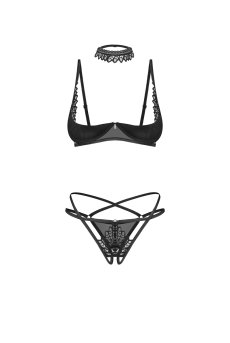 画像1: Donarella 3-pcs crotchless set｜ブラ＆クロッチレスタンガ＆チョーカー3点セット（ワイヤーあり・オープンバスト・レース・ダブルストラップ・ブラック） | Obsessive 高級Sexyランジェリー【即日発送・サイズ交換NG・メール便対象】輸入下着・ランジェリー   (1)