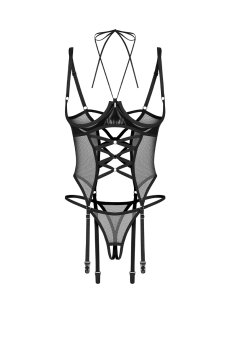画像1: Dominna corset| ガーターベルト付きコルセット＆クロッチレスタンガ2点セット（ワイヤーあり・ボンテージ・フェイクレザー・ブラック）   | 高級Sexyランジェリー Obsessive【即日発送・サイズ交換NG・メール便対象】輸入下着・ランジェリー   (1)