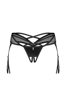 画像1: Dominna crotchless thong ｜ガーター付きクロッチレスTバックショーツ （オープンクロッチ・ボンテージ・フェイクレザー・穴あき・黒） | Obsessive 高級Sexyランジェリー【サイズ交換NG・メール便対象】輸入下着・ランジェリー   (1)