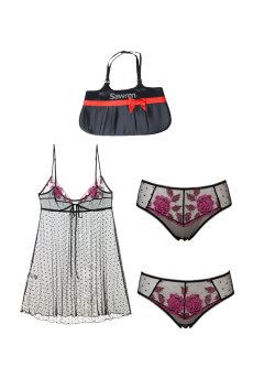 画像4: 数量限定｜PERFECT-Xmas-set-B｜X'masコフレ｜手提げバッグ＆華やぎランジェリーセット｜ベビードール＆ショーツ2種類入り｜ブラック・ローズ刺繍｜ Sawren サブレン【即日発送】輸入下着・高級ランジェリー(再入荷なし) (4)