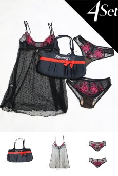 画像1: 数量限定｜PERFECT-Xmas-set-B｜X'masコフレ｜手提げバッグ＆華やぎランジェリーセット｜ベビードール＆ショーツ2種類入り｜ブラック・ローズ刺繍｜ Sawren サブレン【即日発送】輸入下着・高級ランジェリー(再入荷なし) (1)