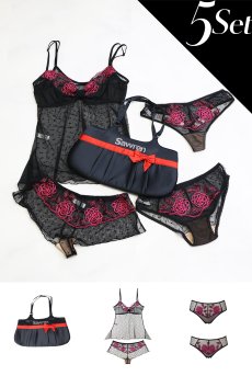 画像1: 数量限定｜PERFECT-Xmas-set-N｜X'masコフレ｜手提げバッグ＆華やぎランジェリーセット｜キャミソール＆ショーツ3種類入り｜ブラック・ローズ刺繍｜ Sawren サブレン【即日発送】輸入下着・高級ランジェリー(再入荷なし) (1)