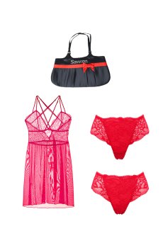 画像5: 数量限定｜SCANDAL-Xmas-set-B｜X'masコフレ｜手提げバッグ＆華やぎランジェリーセット｜ベビードール＆ショーツ2種類入り｜レッド・赤｜Sawrenサブレン輸入下着・高級ランジェリー（再入荷なし） (5)