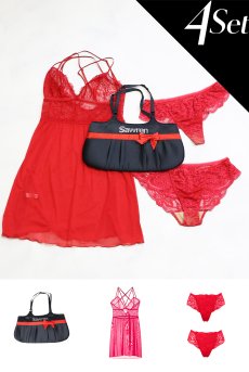 画像1: 数量限定｜SCANDAL-Xmas-set-B｜X'masコフレ｜手提げバッグ＆華やぎランジェリーセット｜ベビードール＆ショーツ2種類入り｜レッド・赤｜Sawrenサブレン輸入下着・高級ランジェリー（再入荷なし） (1)