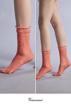 画像2: ALICE Socks coral  | ショートストッキング・ドット柄・リボン・コーラル | Veneziana ベネチアナ【即日発送・サイズ交換NG】※2足までメール便対象※  (2)