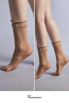 画像2: ALICE Socks nude  | ショートストッキング・ドット柄・リボン・ベージュ | Veneziana ベネチアナ【即日発送・サイズ交換NG】※2足までメール便対象※  (2)