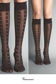 画像2: PETRA High Socks cappucino  | ハイソックス・ストライプ・メッシュ・ブラウン | Veneziana ベネチアナ【即日発送・サイズ交換NG】※2足までメール便対象※  (2)