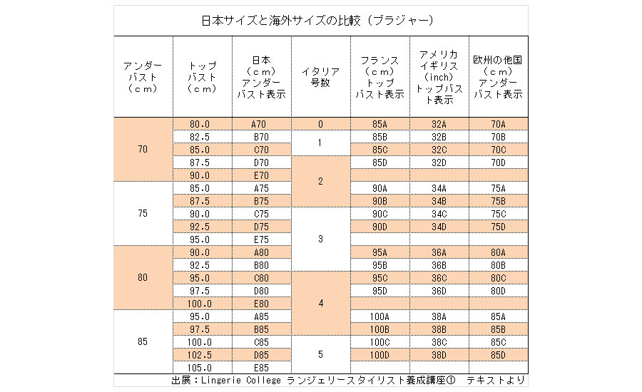 キャシー・インポートのブラジャーのサイズ選び