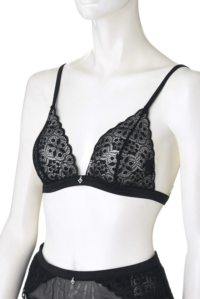 Shibu 3pcs set black | ジオメトリック柄のブラ＆タンガ＆ガーター 