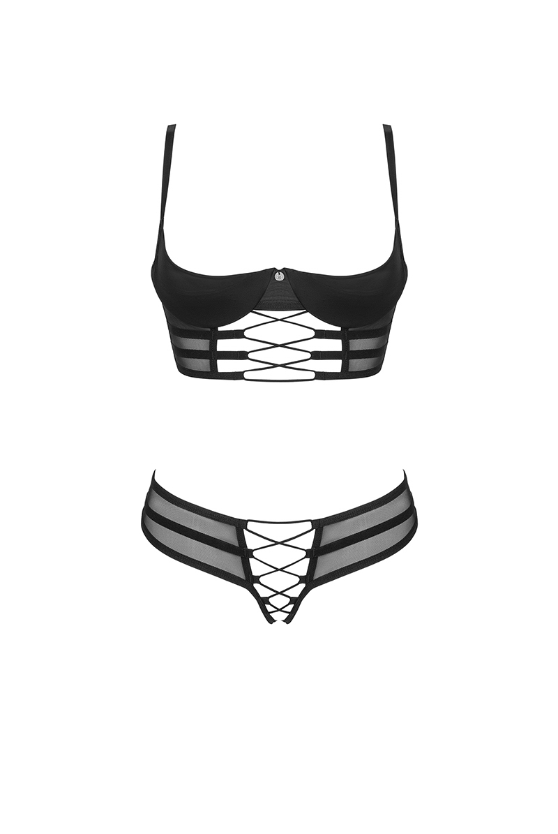 Roxelia 2 pcs crotchless set | トップレスブラ&クロッチレスタンガ 2点セット（オープンバスト・オープンクロッチ・ワイヤー入り・シースルー・ブラック）| Obsessive 高級Sexyランジェリー【即日発送・サイズ交換NG】輸入下着・ランジェリー 