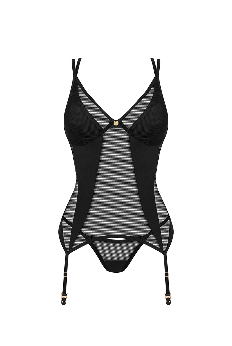 Nesari corset |  ガーターベルト付きコルセット＆タンガ2点セット（ワイヤーあり・シースルー・ダブルストラップ・ブラック）  | Obsessive 高級Sexyランジェリー【即日発送・サイズ交換NG】輸入下着・ランジェリー  